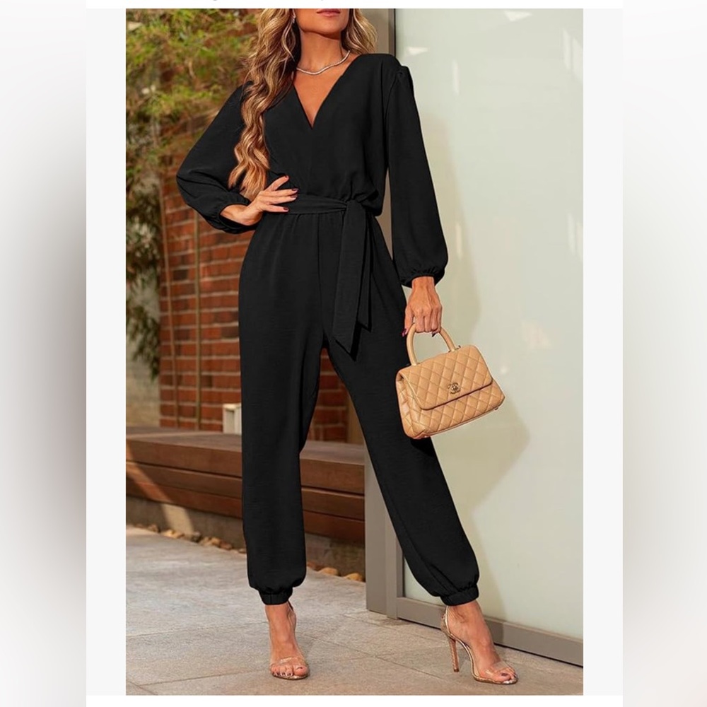 PRETTYGARDEN Jumpsuits One Piece Outfits V Neck Long Sleeve Belt with Pockets